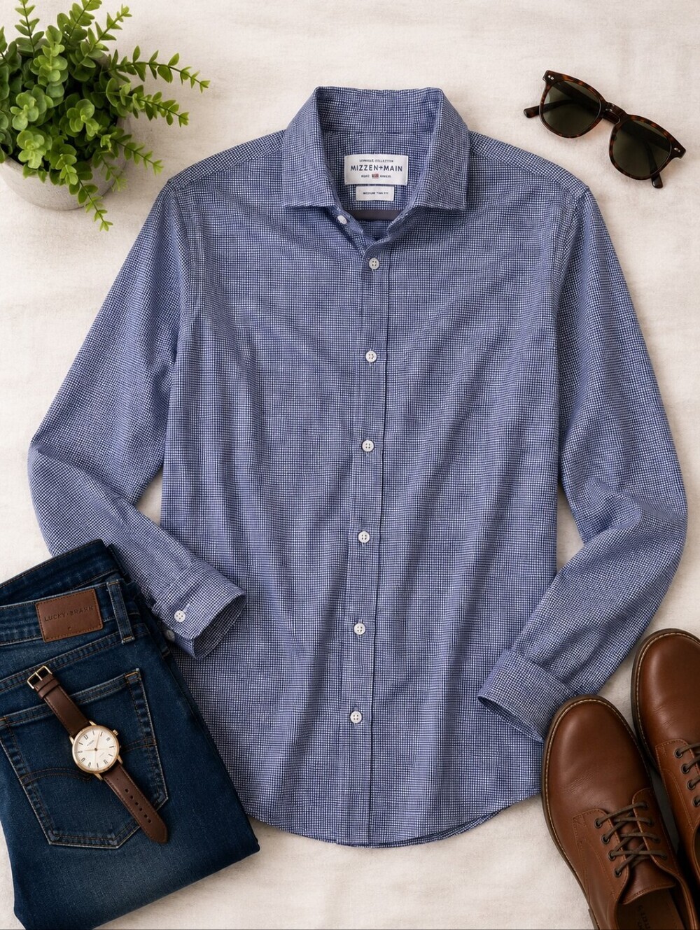 Mizzen & MAIN navy White Check Stretch Poly Blend L Sleeve Dress Shirt. Mens XXL